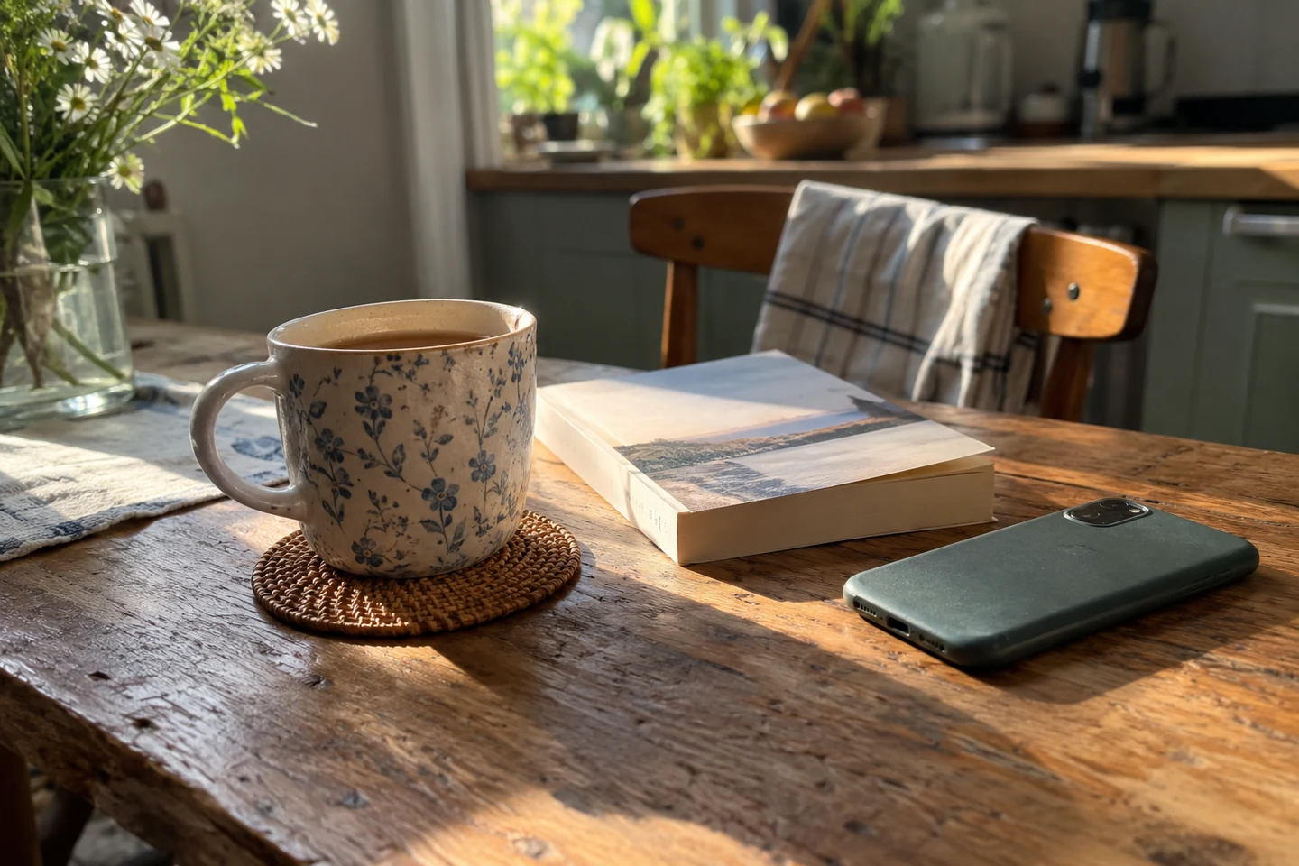 Un téléphone retourné, un livre et une tasse sur une table ensoleillée