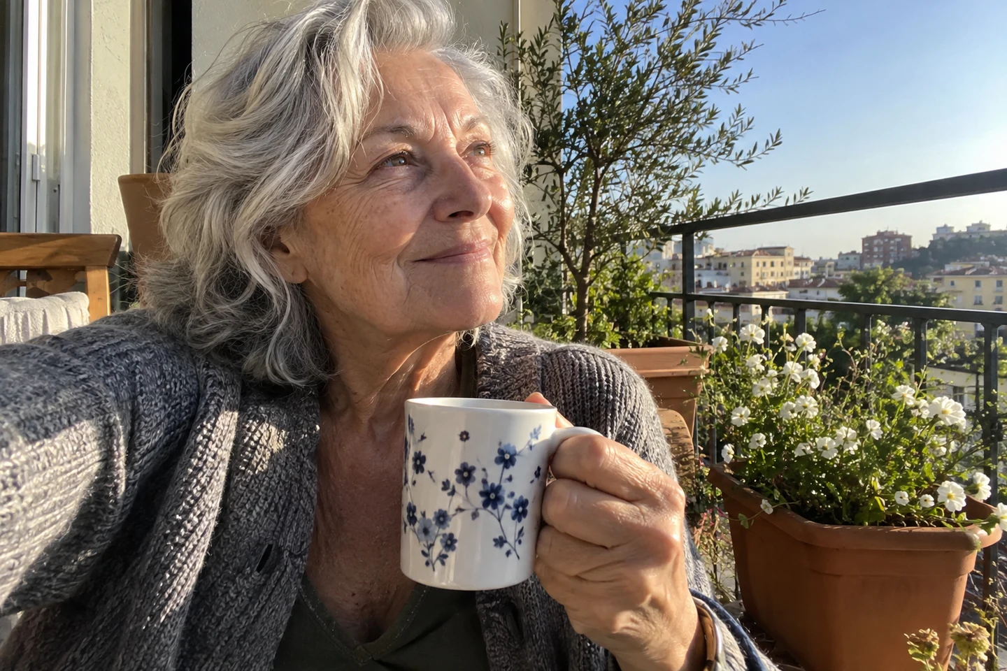 Une femme prend une pause avec une tasse sur son balcon