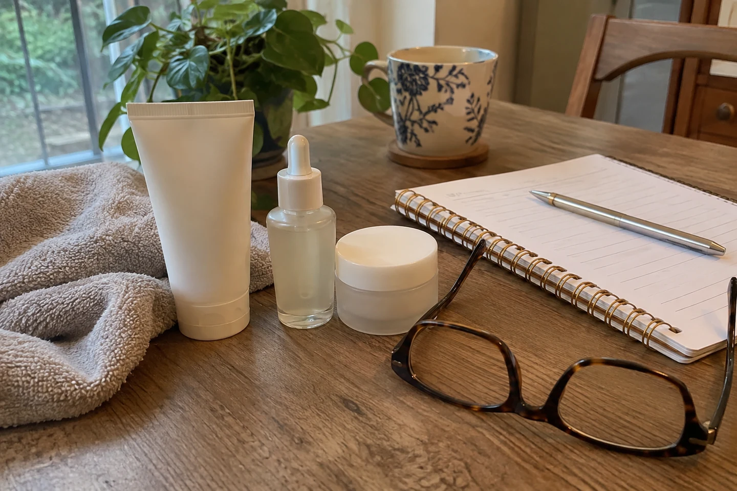 Des produits de soin, un carnet et des lunettes préparés sur une table