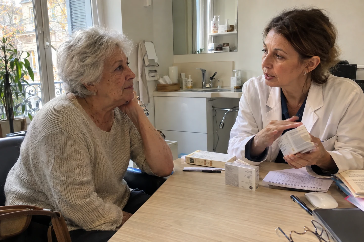 Une consultation illustrée, avec un carnet et des emballages de soin sur la table