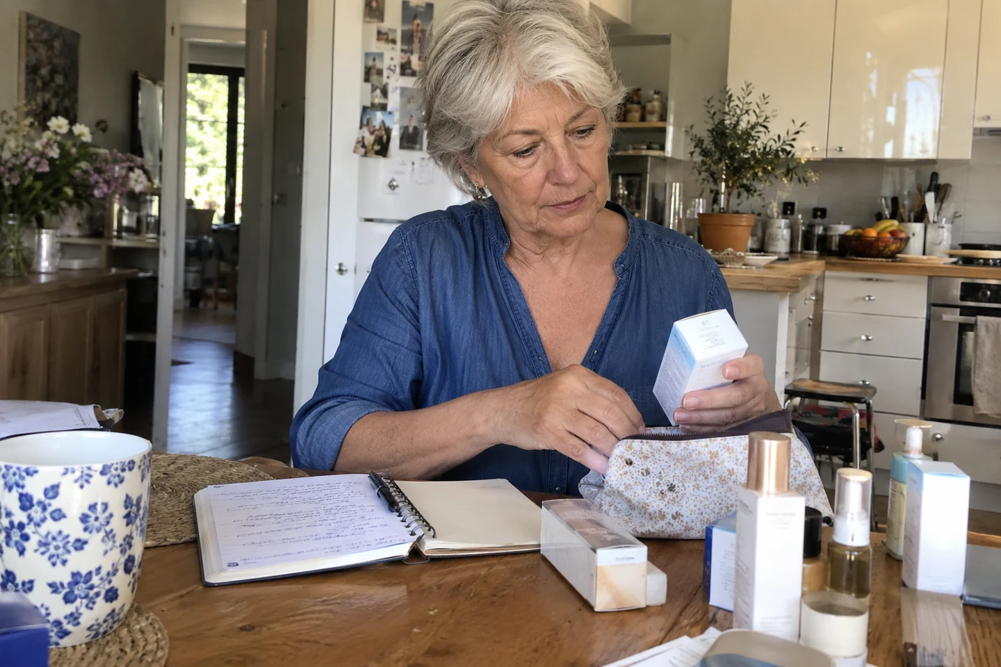 Une femme rassemble des emballages de soins et prend des notes dans un carnet