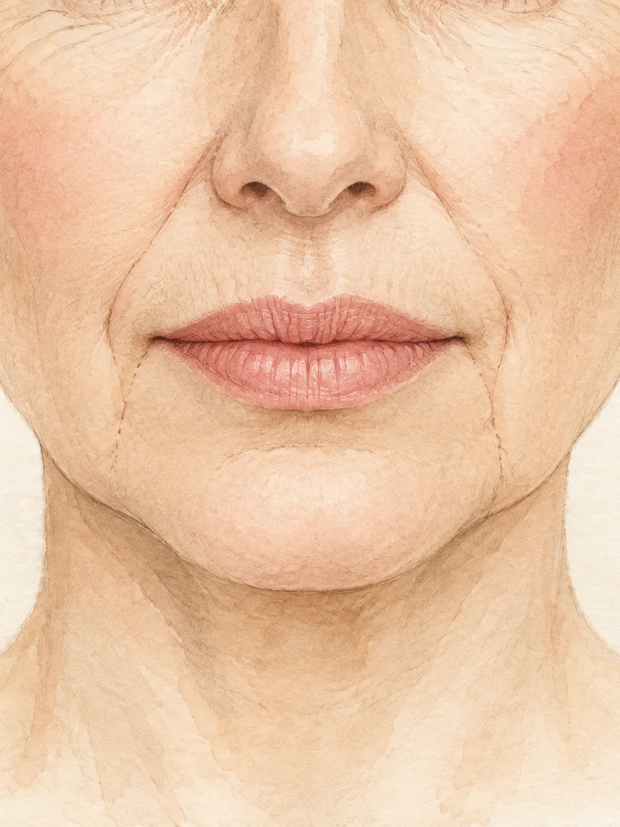 Illustration aquarelle du bas du visage d’une femme mature servant de carte des rides autour de la bouche