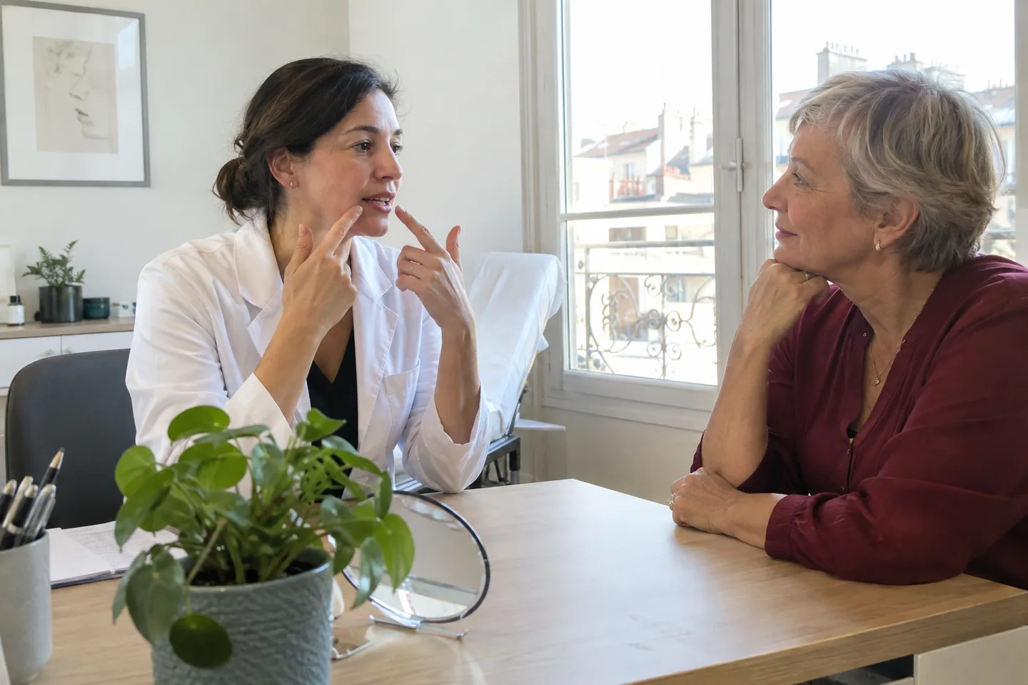 Une dermatologue échange avec une patiente de 64 ans dans un cabinet lumineux