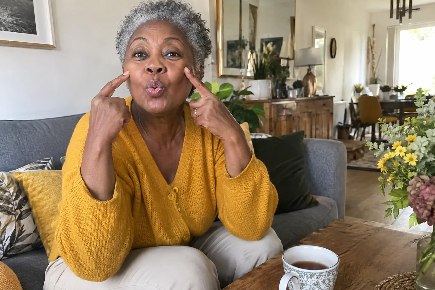 Femme de 60 ans faisant un exercice du visage chez elle, les lèvres en avant et les index posés sur les pommettes