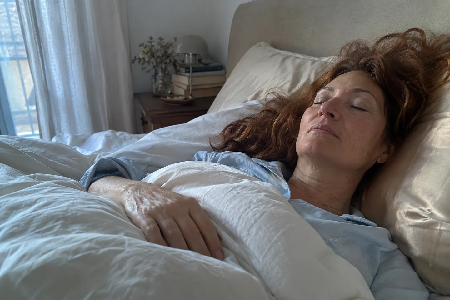 Femme qui dort sur le dos sur une taie d’oreiller en soie, au petit matin