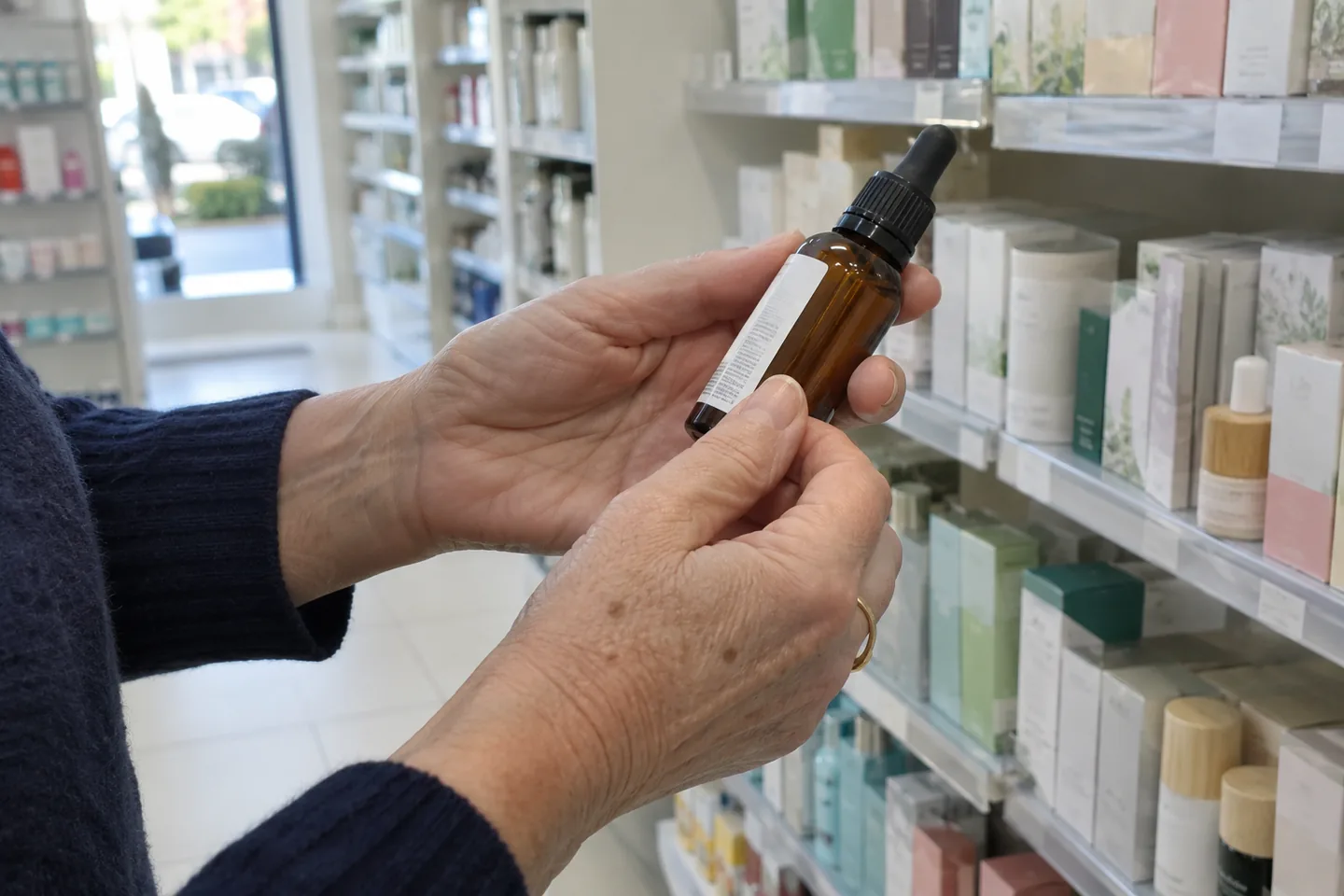 Mains d’une femme qui retourne un petit flacon de soin pour lire la liste des ingrédients en pharmacie
