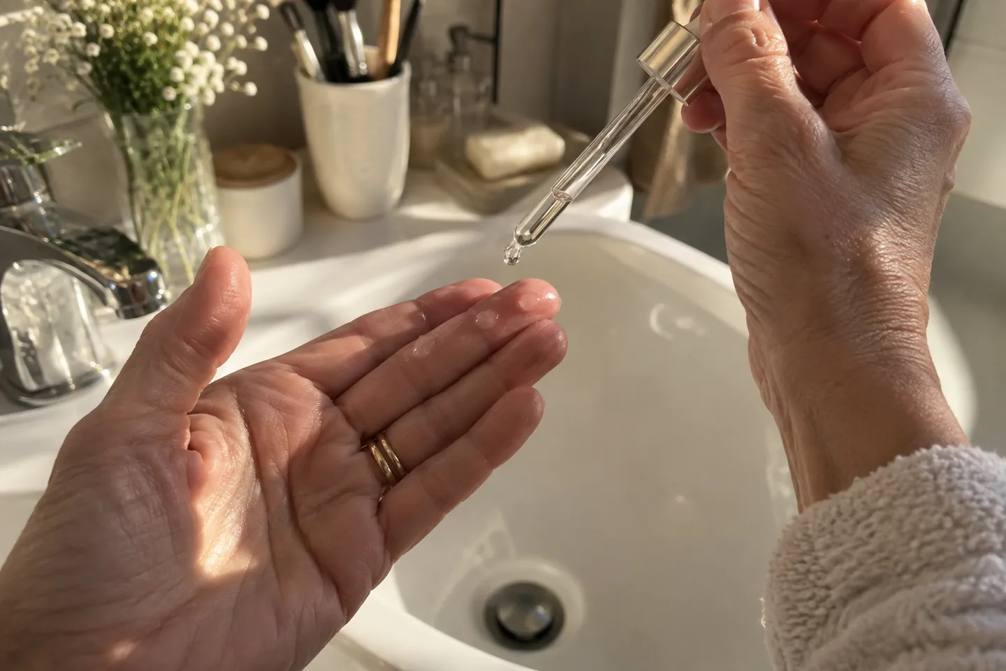 Trois gouttes de sérum transparent déposées au bout des doigts au-dessus d’un lavabo