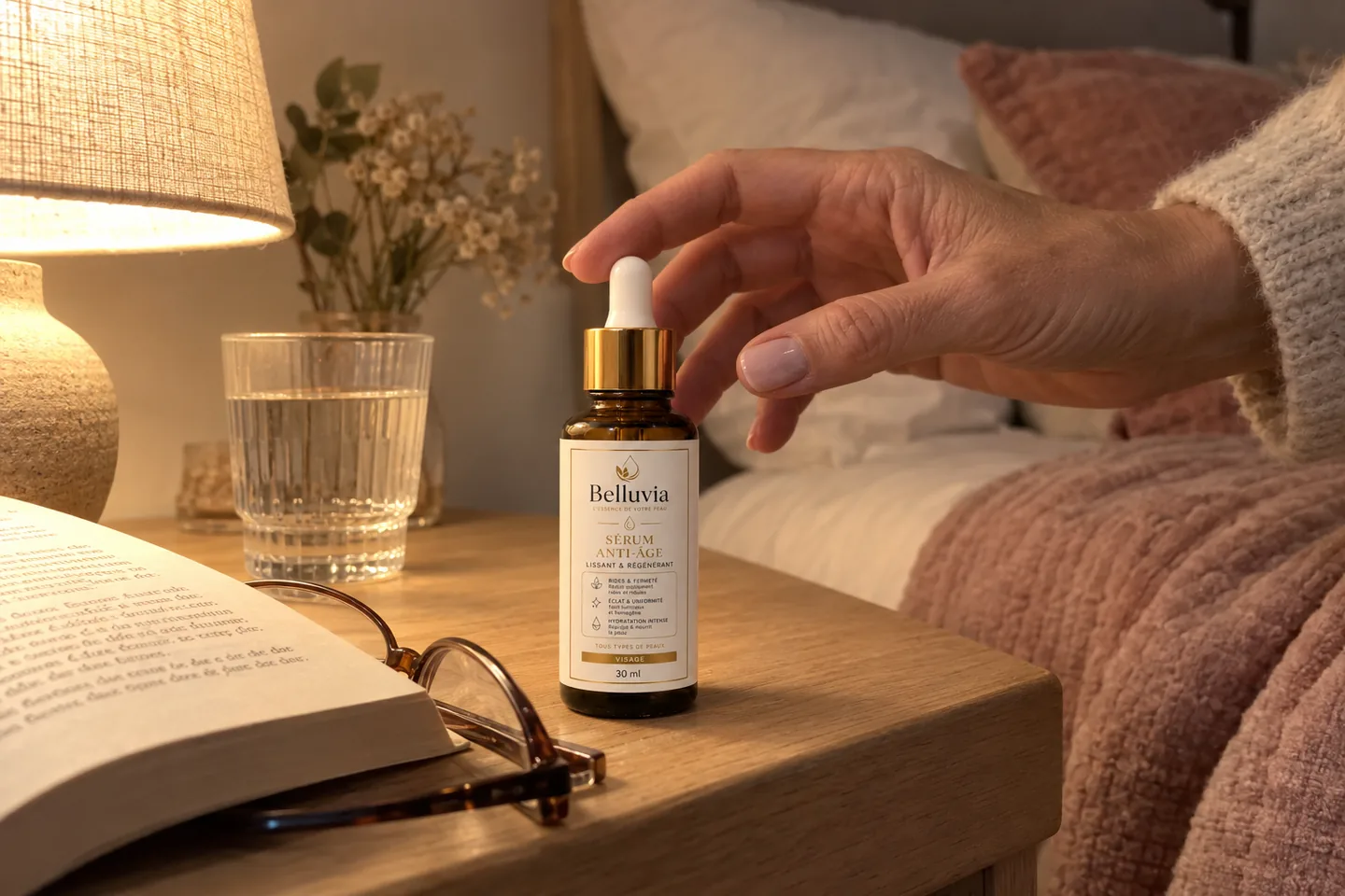 Le flacon de sérum anti-âge Belluvia sur une table de chevet le soir, à côté d’un livre et de lunettes
