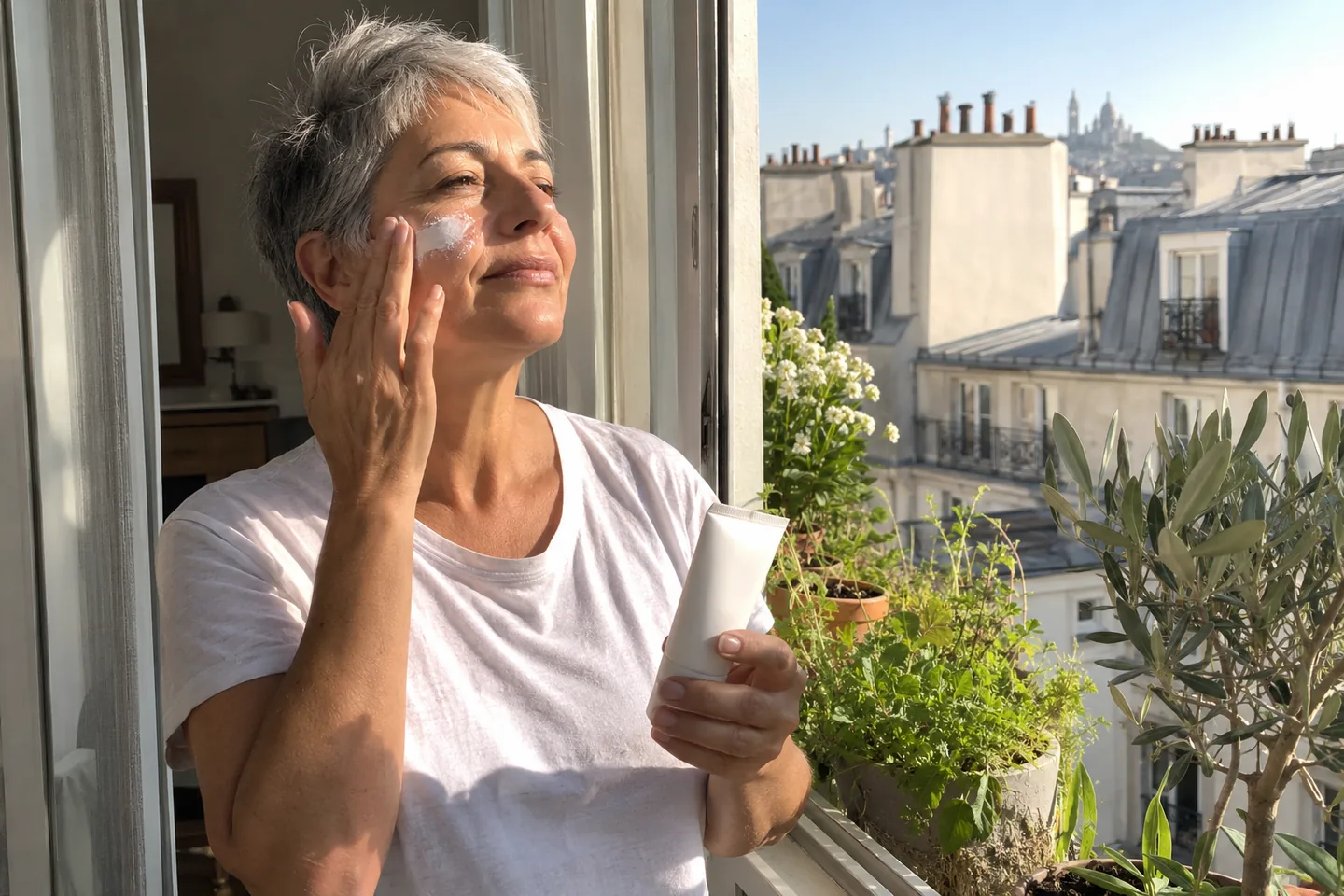 Femme de 63 ans aux cheveux argentés appliquant sa protection solaire près d’une fenêtre le matin