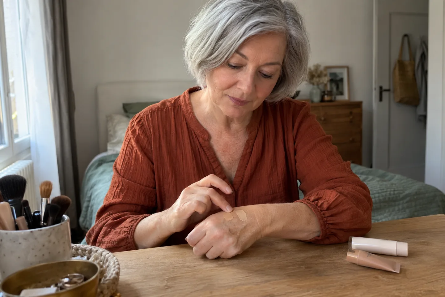Femme aux cheveux gris comparant deux textures de maquillage sur le dos de sa main