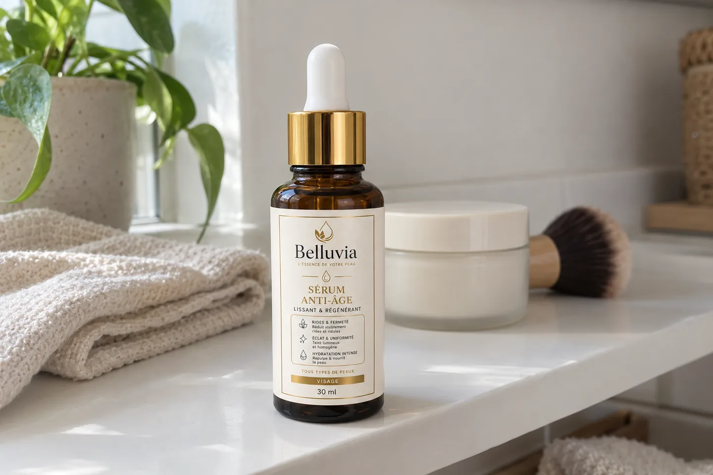 Flacon de sérum Belluvia posé près d’un petit pot de crème et d’un pinceau