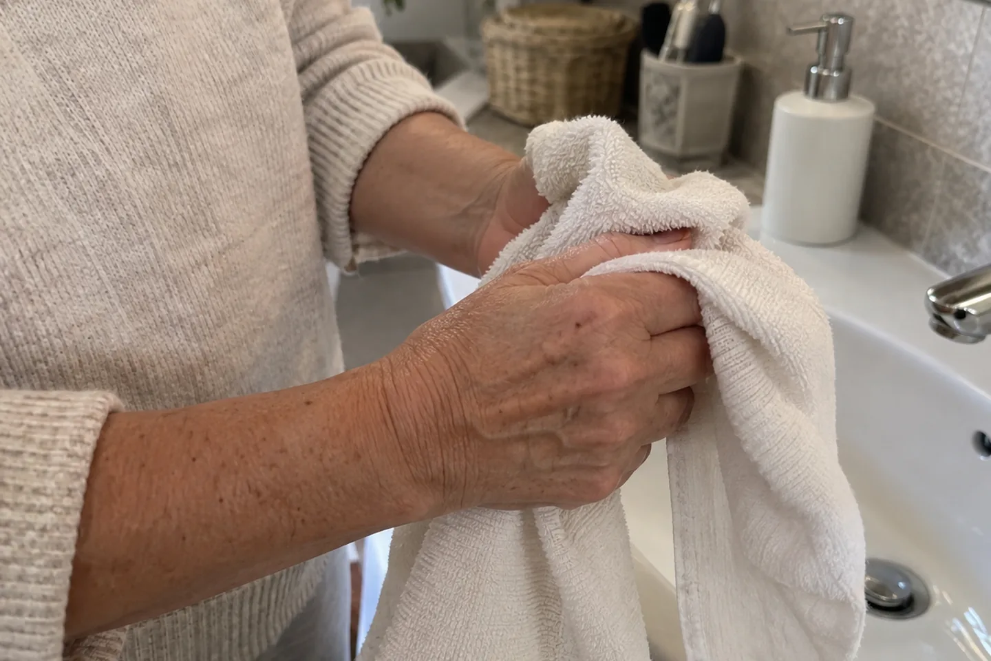 Mains séchées avec une serviette propre à côté d’un lavabo
