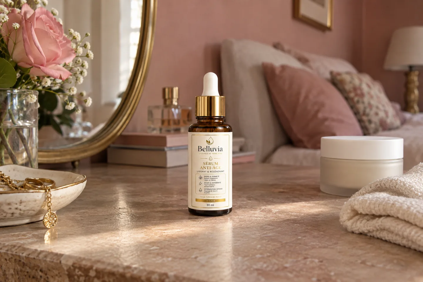 Flacon de sérum Belluvia debout sur une tablette, à côté d’un pot de crème fermé