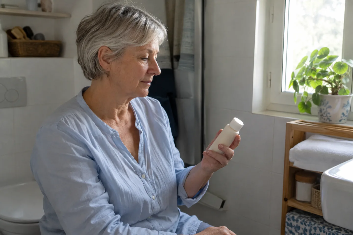 Femme aux cheveux gris regardant un flacon blanc fermé près d’une fenêtre