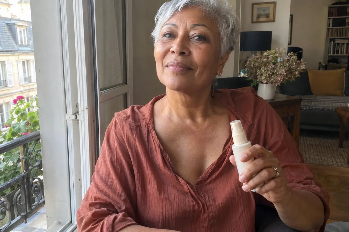 Femme aux cheveux courts gris tenant un flacon de spray près d’une fenêtre