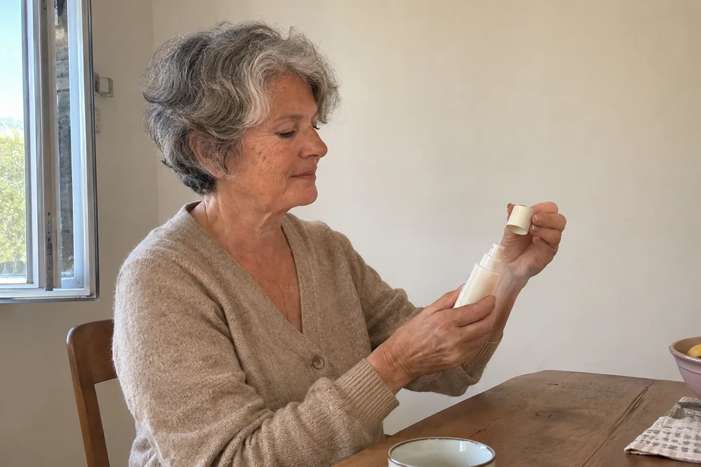 Femme en pull beige refermant un spray devant une fenêtre ouverte