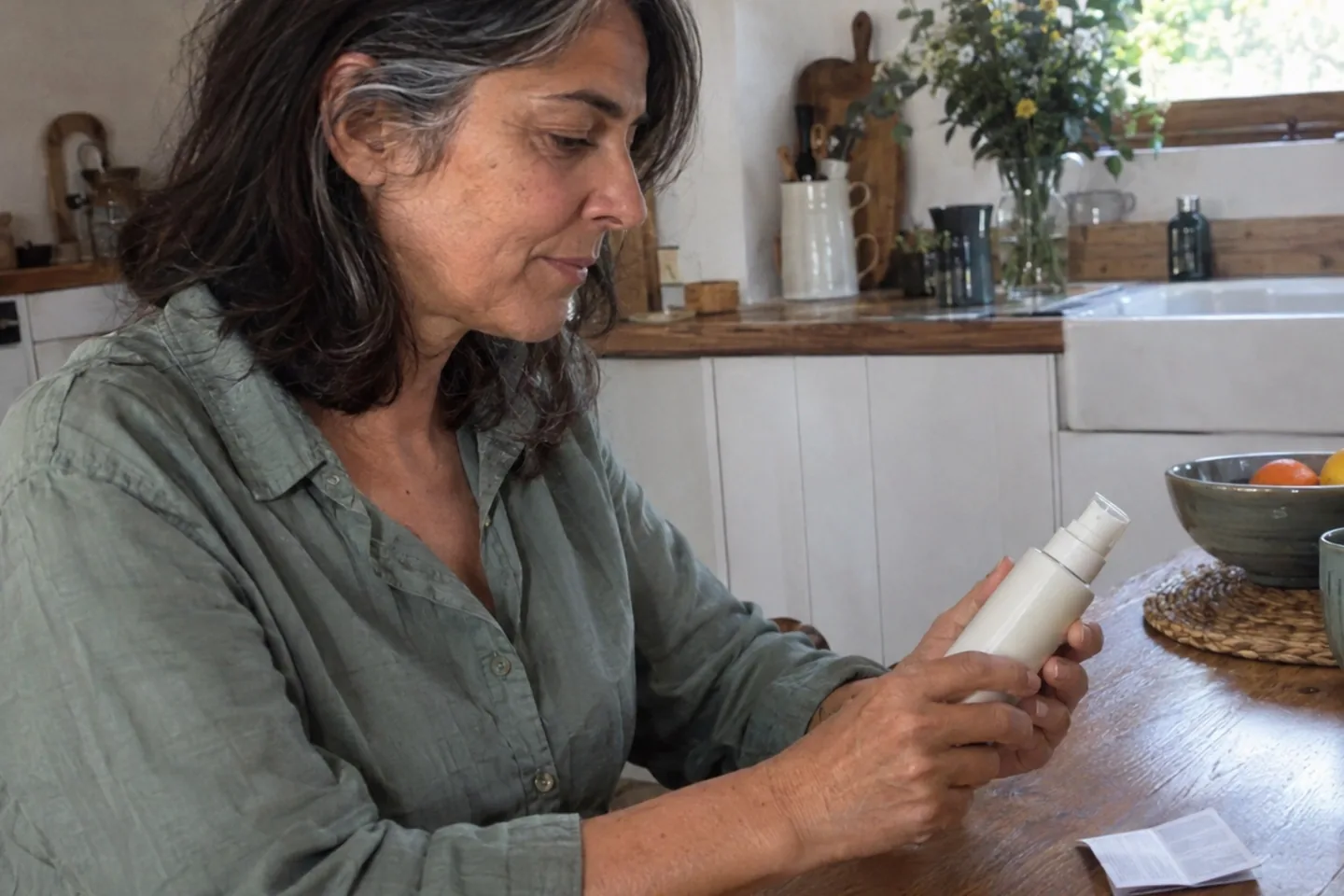 Femme en chemise verte examinant un flacon de spray sur une table