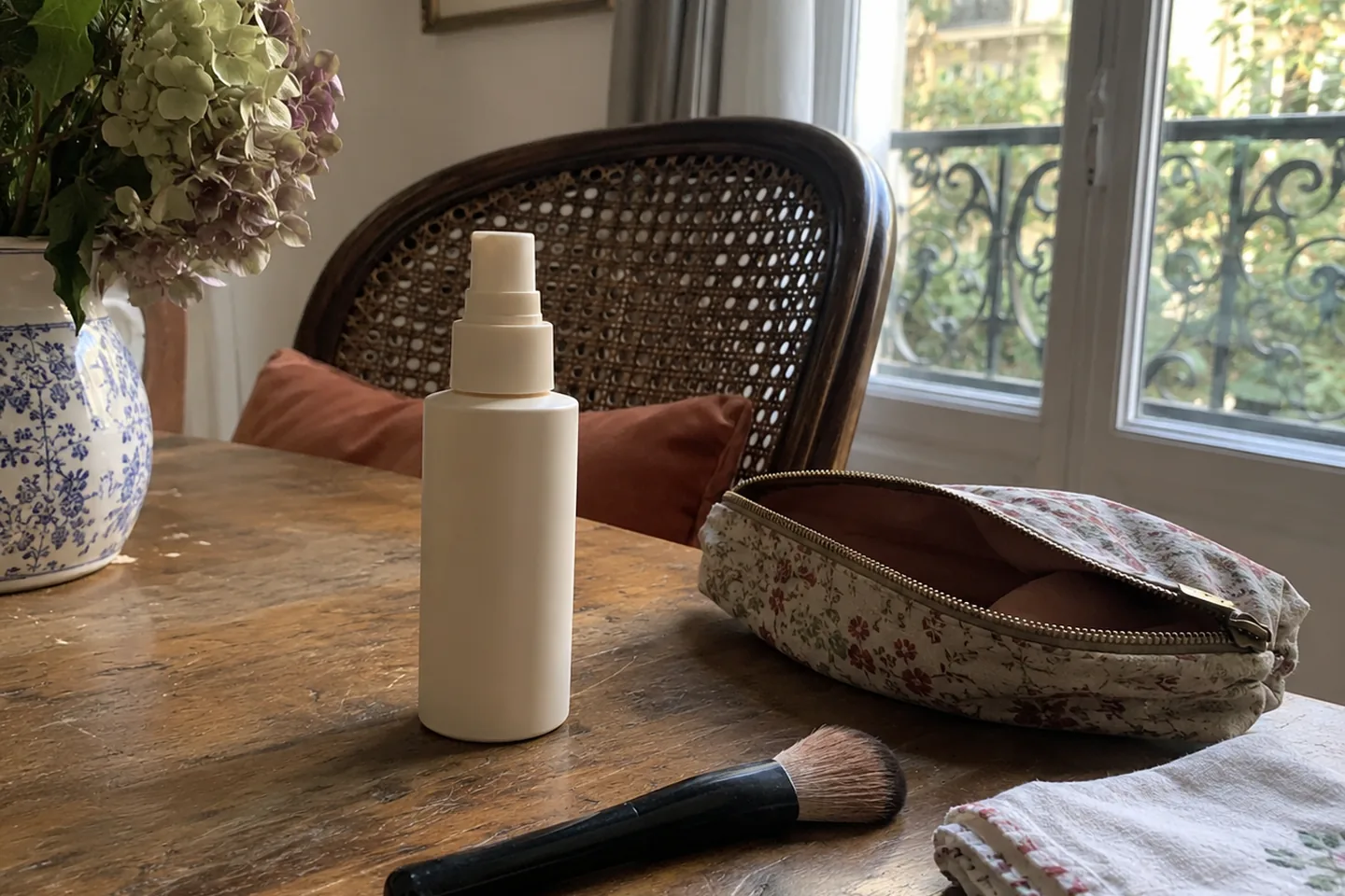 Flacon de spray, pinceau et petite trousse ouverts sur une table claire