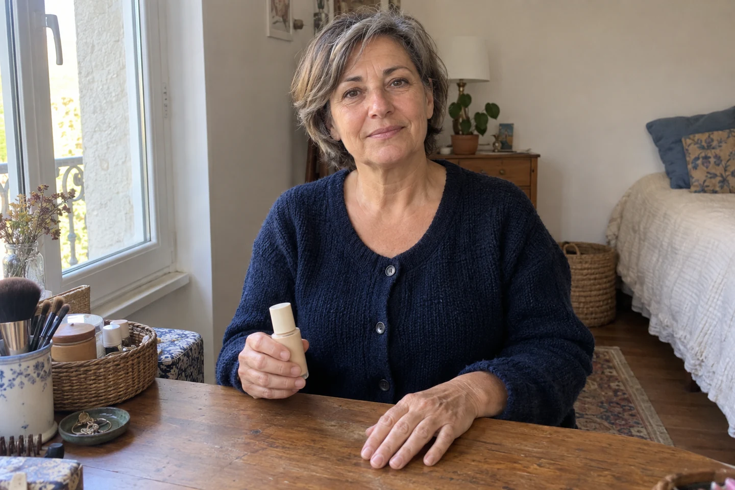 Femme assise près d’une fenêtre, tenant un fond de teint fermé au-dessus d’une table.