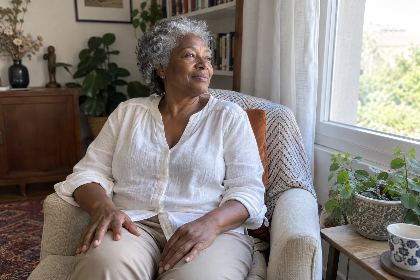 Femme aux cheveux gris assise près d’une fenêtre, mains posées sur les genoux.