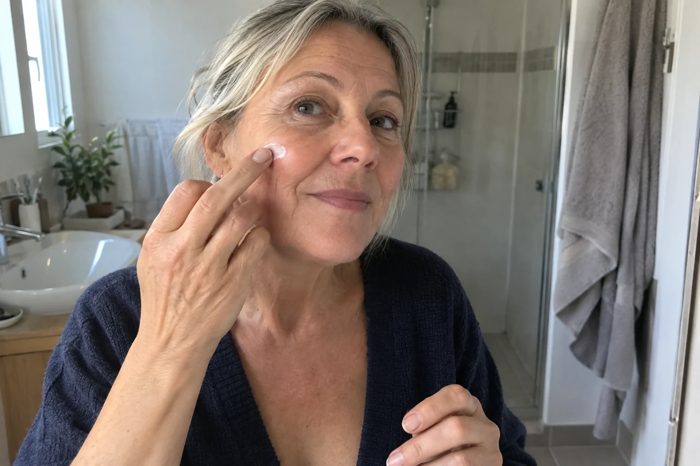 Femme déposant avec un doigt une petite touche de soin sur sa joue.
