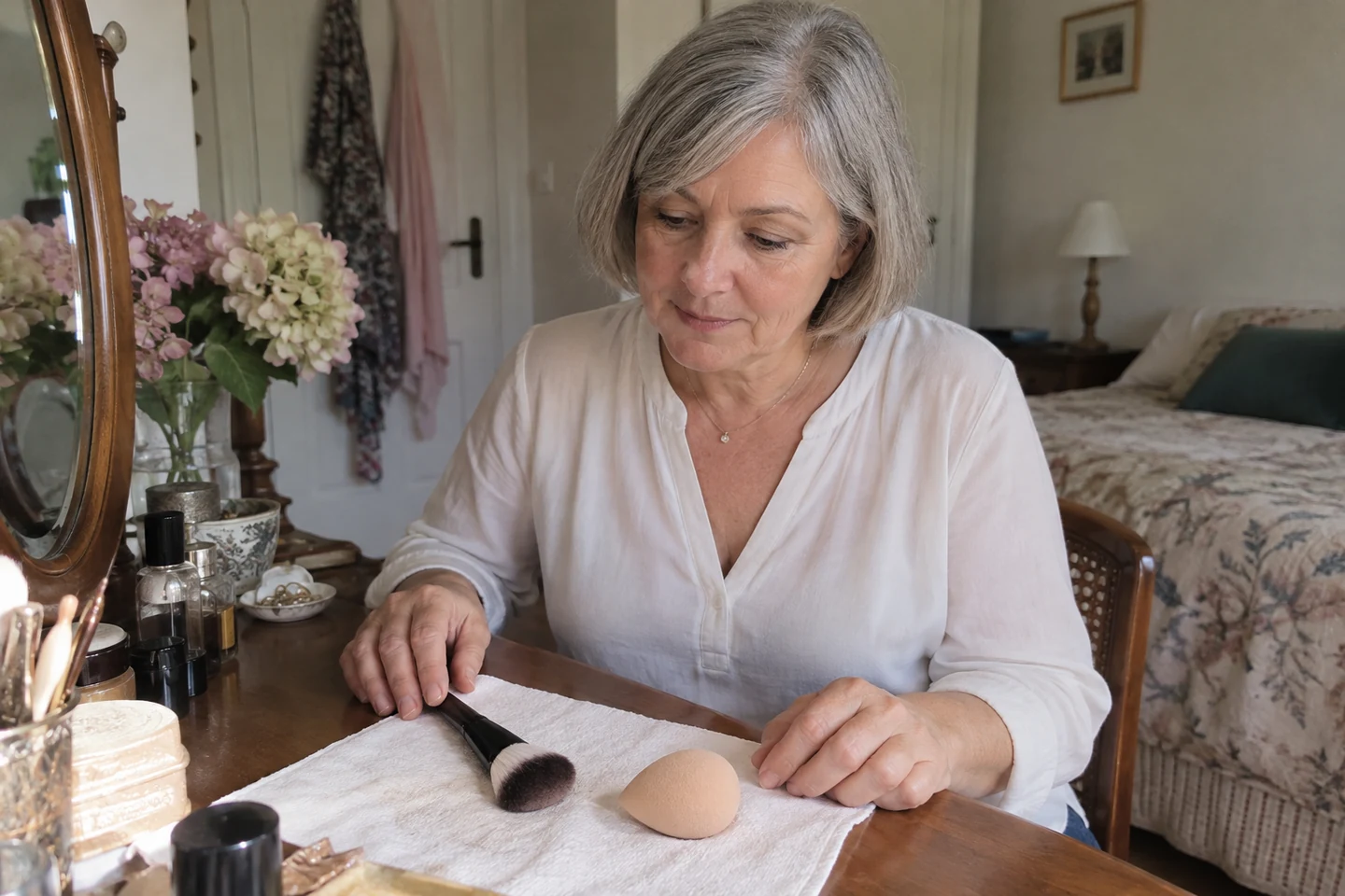 Femme aux cheveux gris devant un pinceau et une éponge posés sur un tissu propre.
