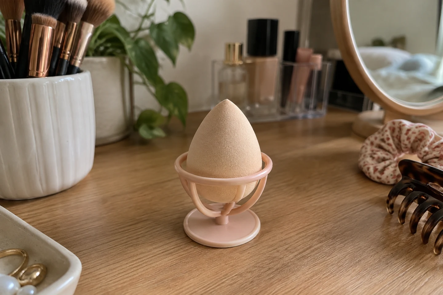 Éponge de maquillage sur un support ouvert.