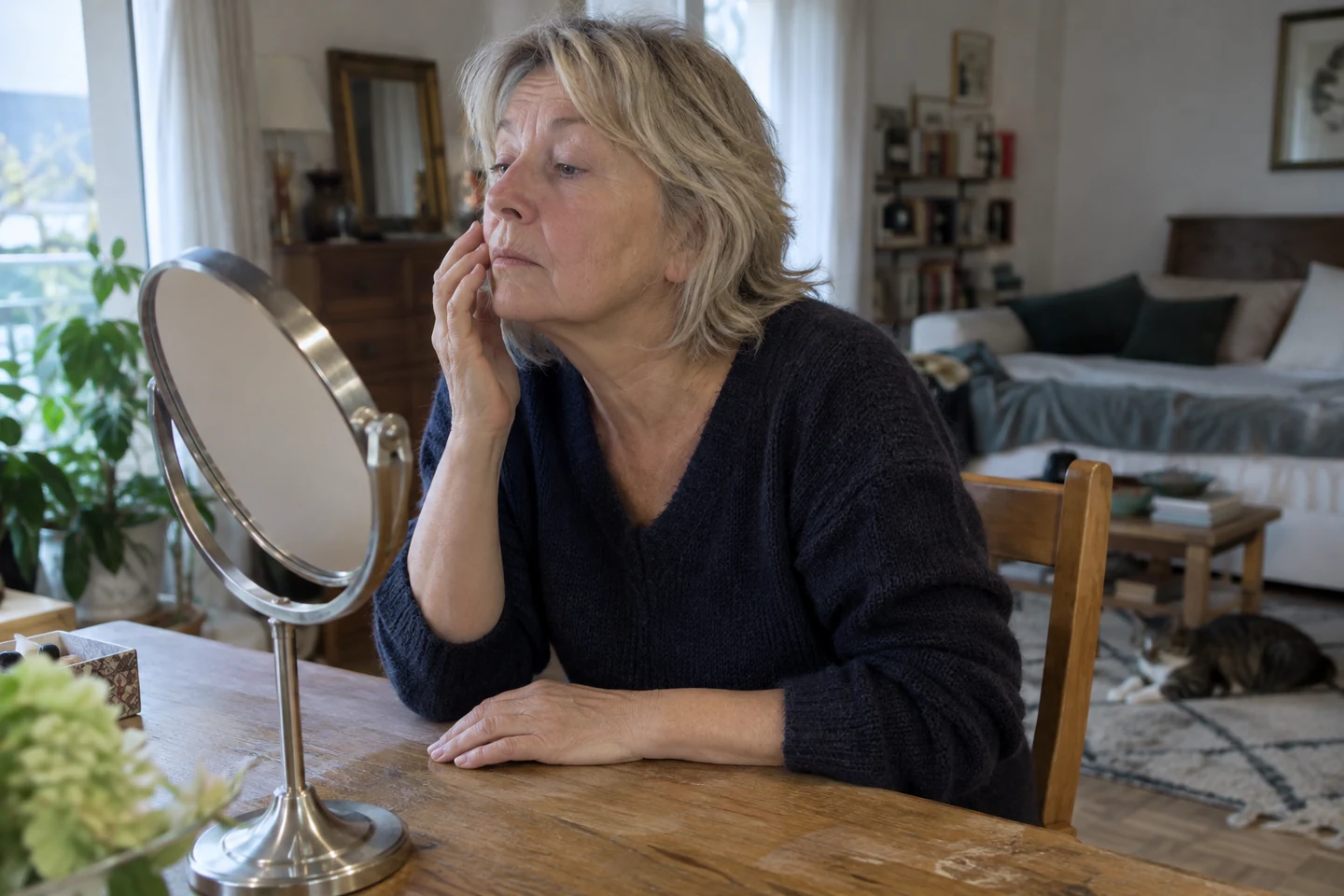Femme assise devant un miroir rond, une main près de la joue.
