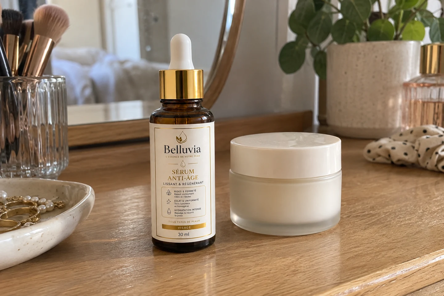 Flacon du Sérum Visage Belluvia posé sur une coiffeuse.