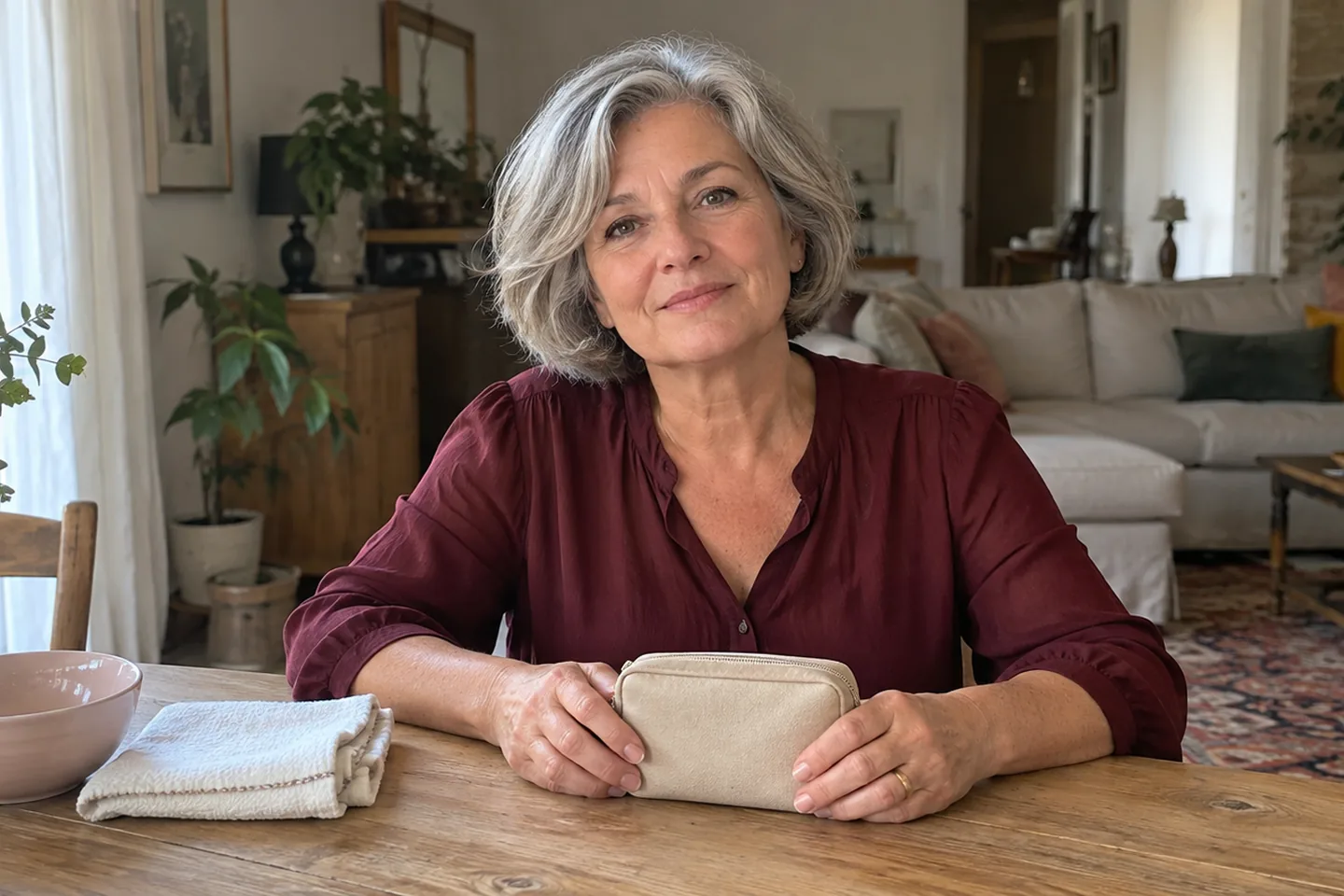 Femme aux cheveux gris avec une trousse fermée sur une table