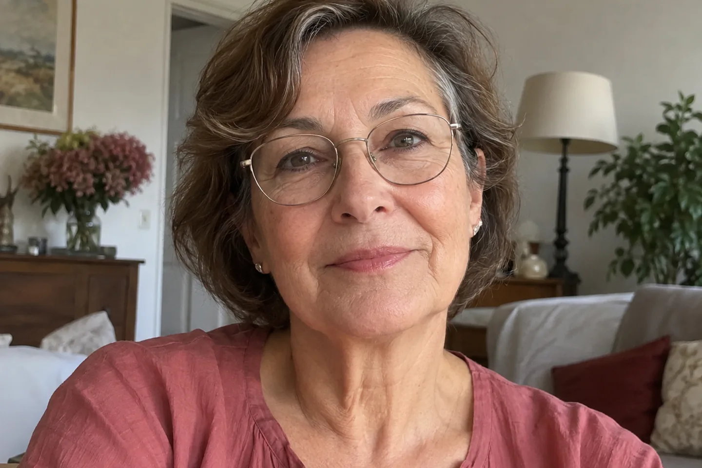 Femme portant des lunettes fines, cheveux dégagés près des yeux