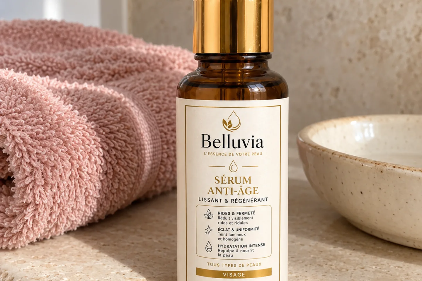 Flacon ambré du sérum anti-âge Belluvia sur une serviette rose