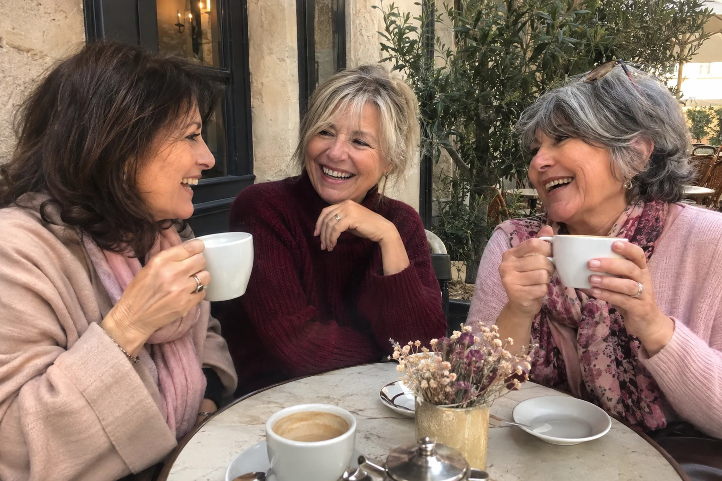 Groupe d'amies de 55 ans riant ensemble en terrasse