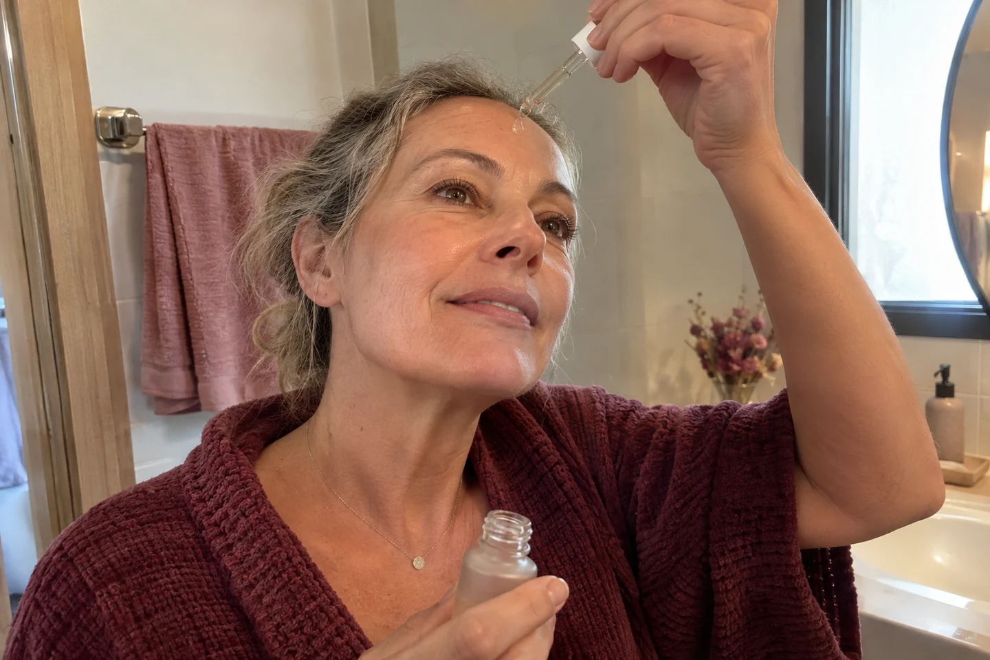 Application d'un sérum sur le front par une femme mature