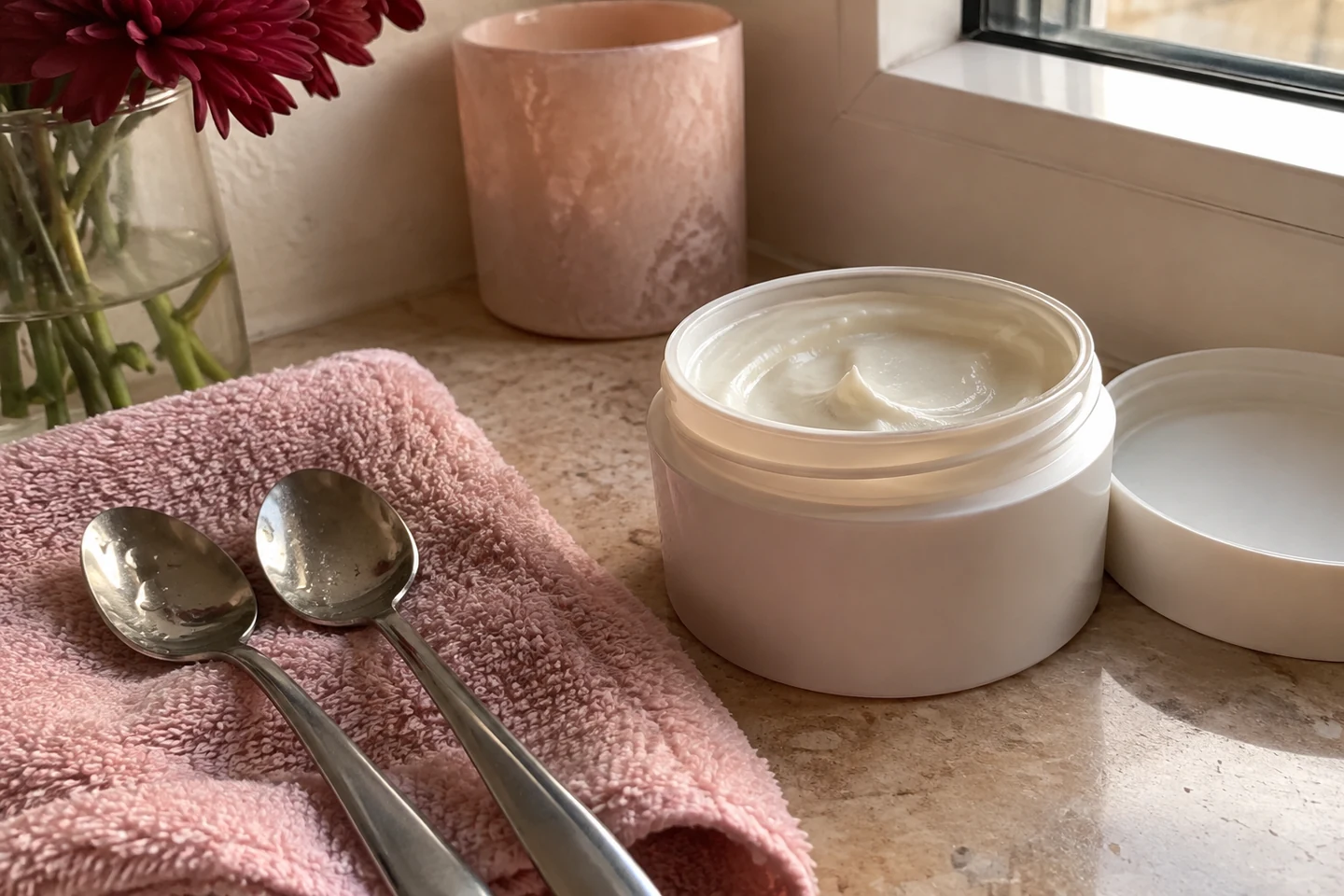 Deux cuillères et un pot de crème sur une serviette rose