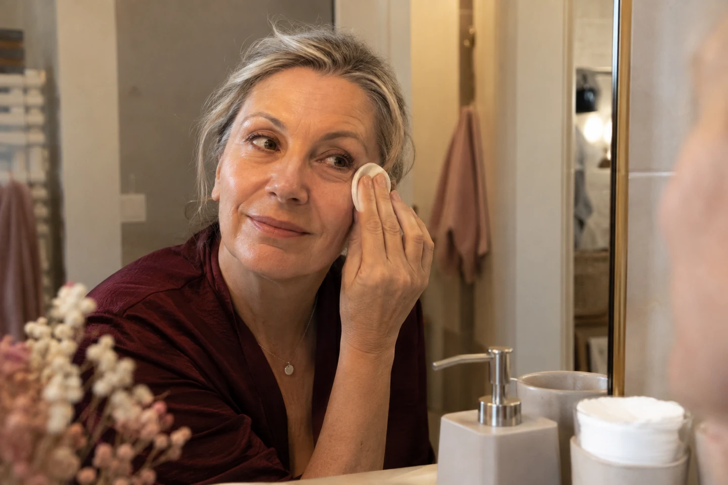 Démaquillage doux du soir pour préserver la peau mature