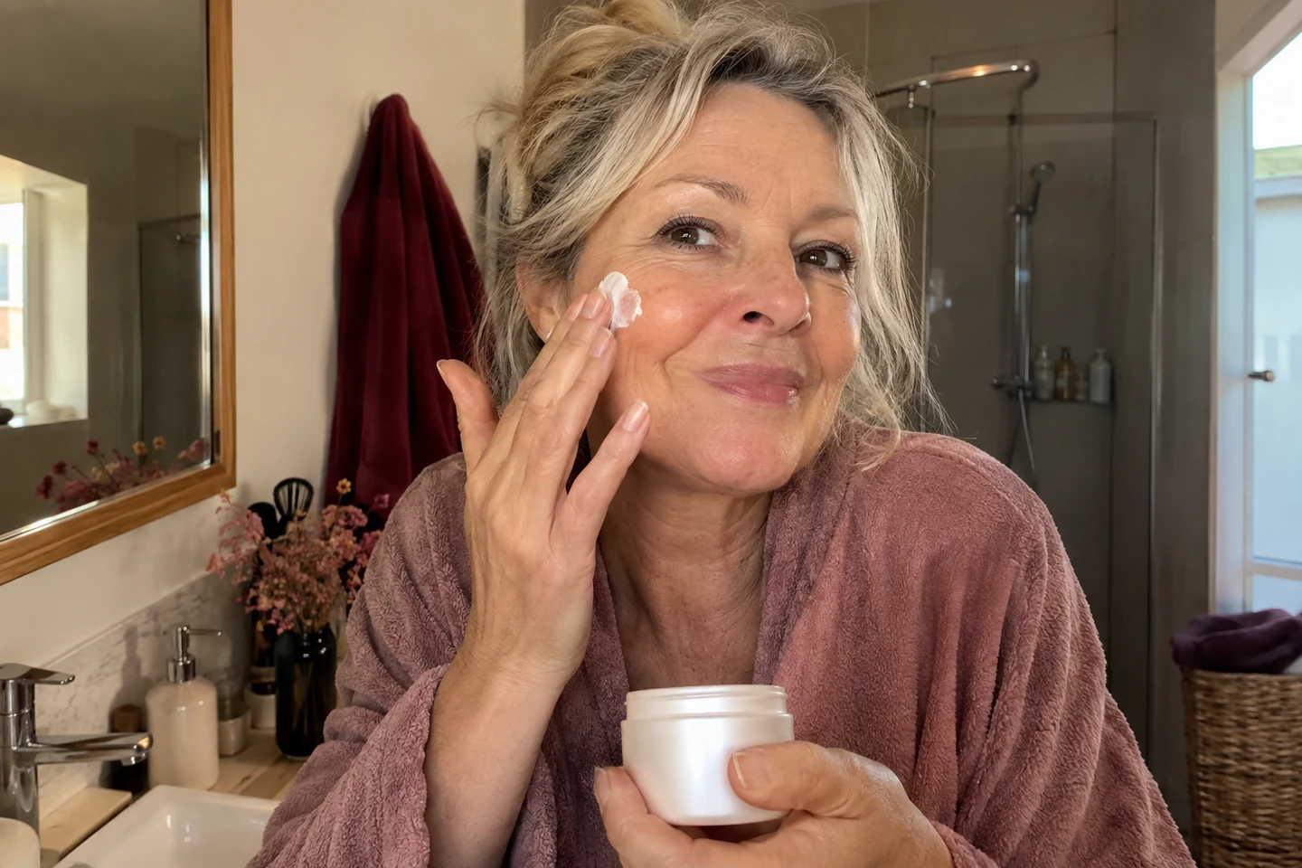 Femme appliquant une crème sur sa joue en lumière naturelle
