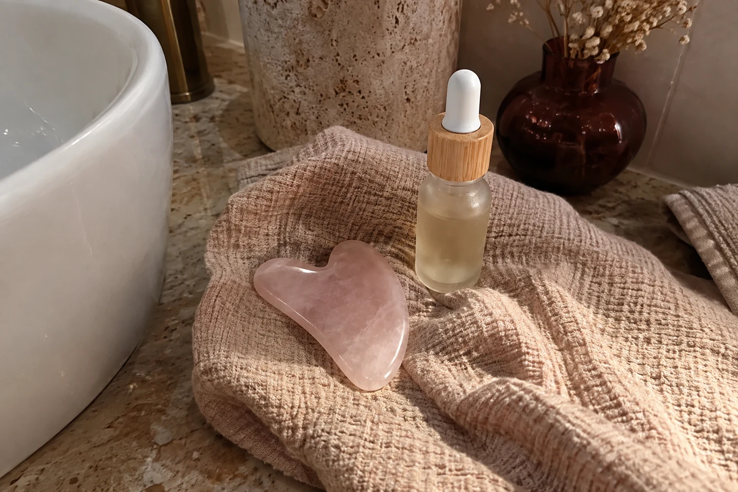 Accessoire de massage facial posé près d'un sérum
