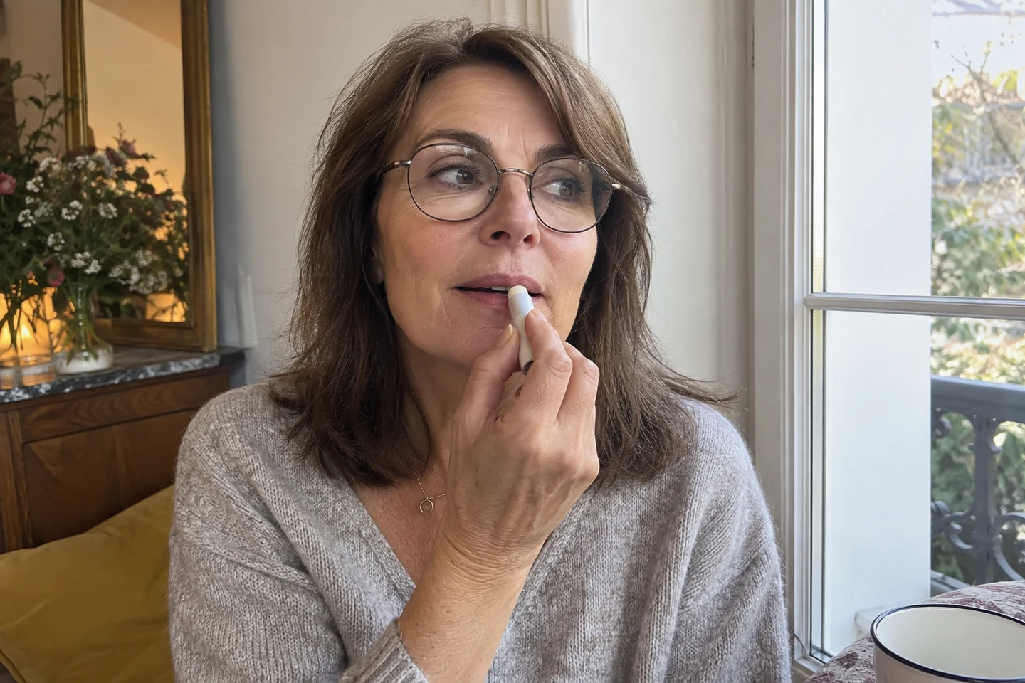 Femme appliquant un baume sur ses lèvres près d’une fenêtre