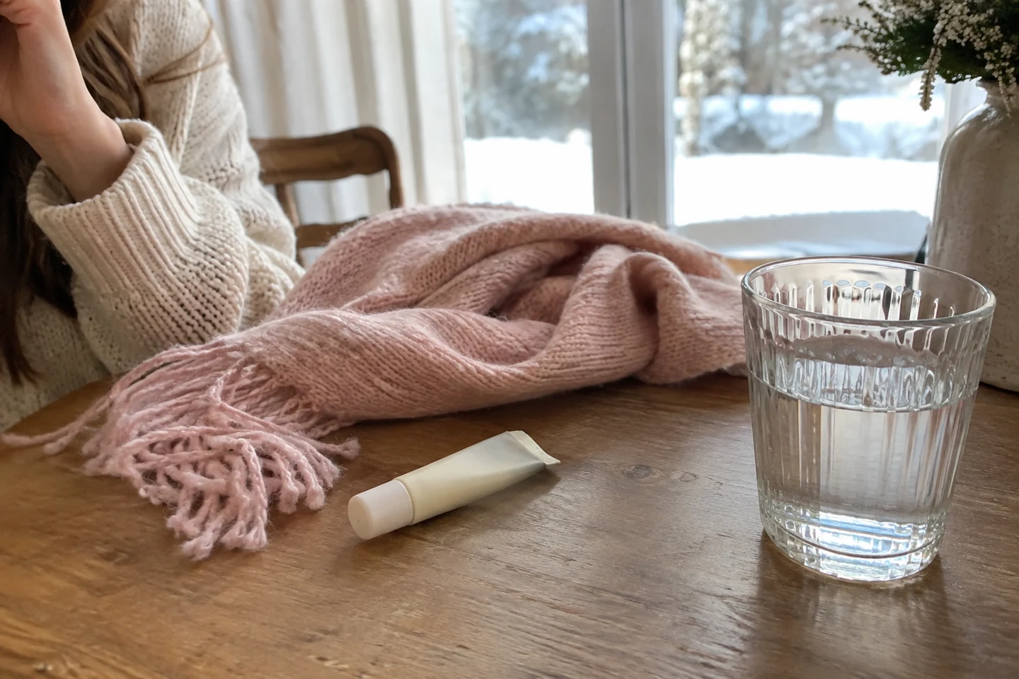 Baume neutre et écharpe sur une table