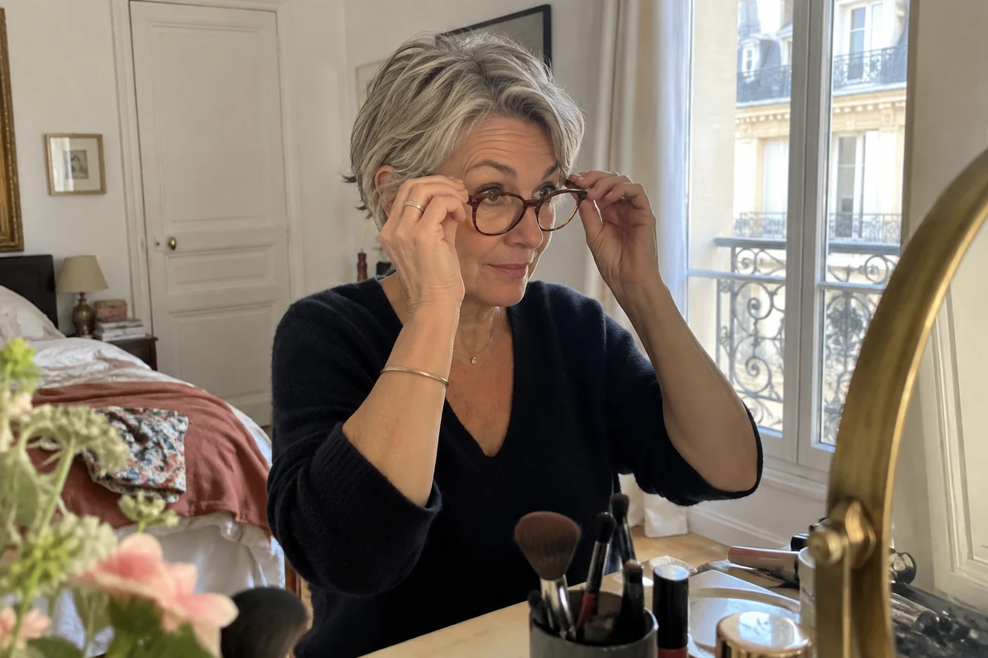 Femme aux cheveux gris remettant ses lunettes devant un miroir
