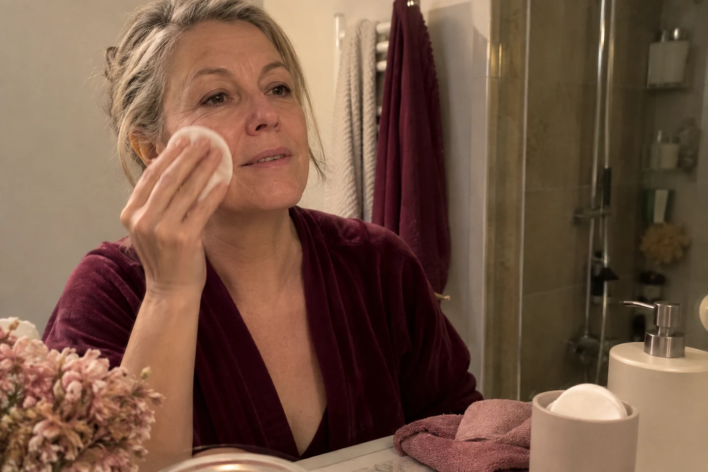 Démaquillage doux du visage le soir par une femme mature