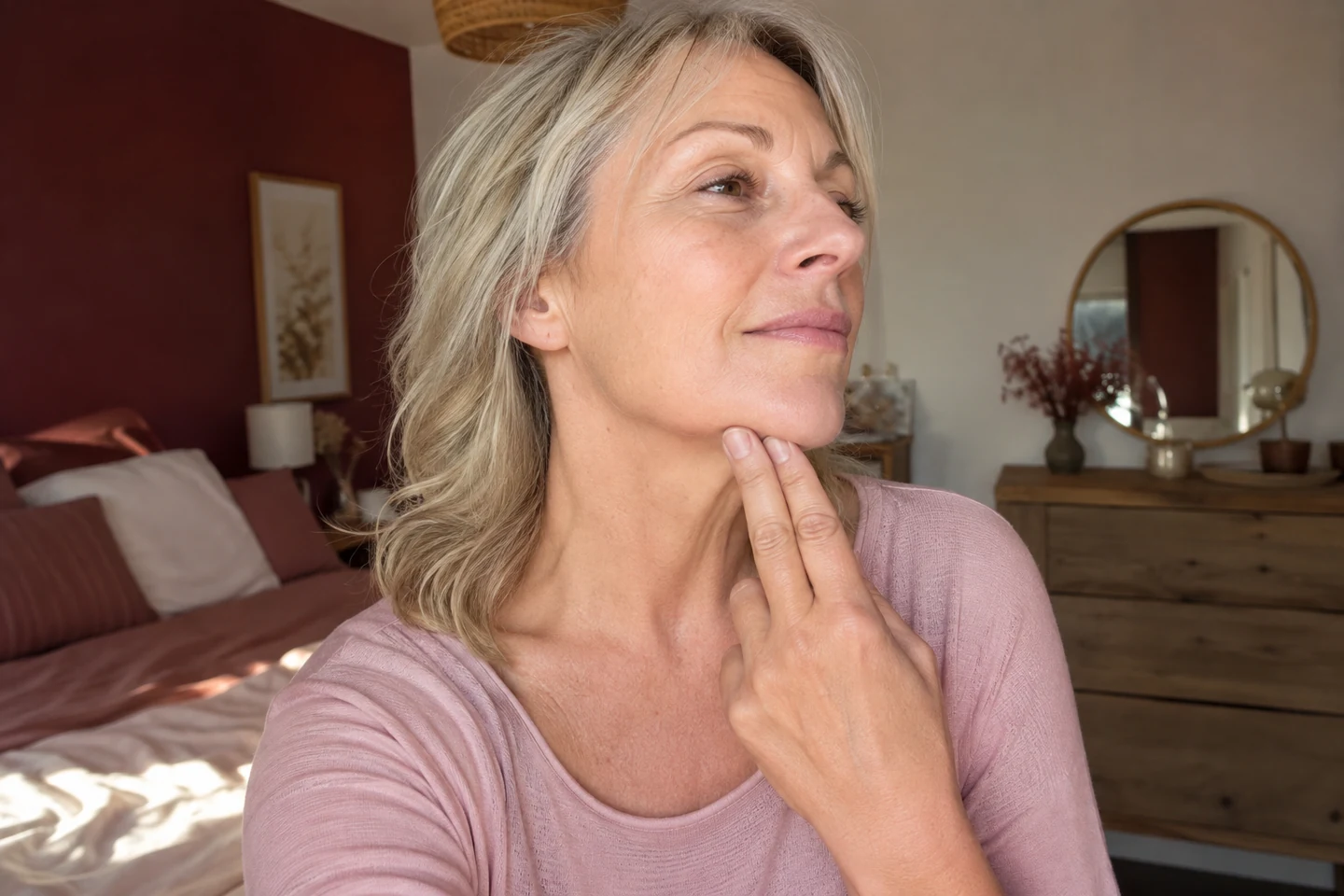 Femme de 55 ans pratiquant un massage de l'ovale du visage