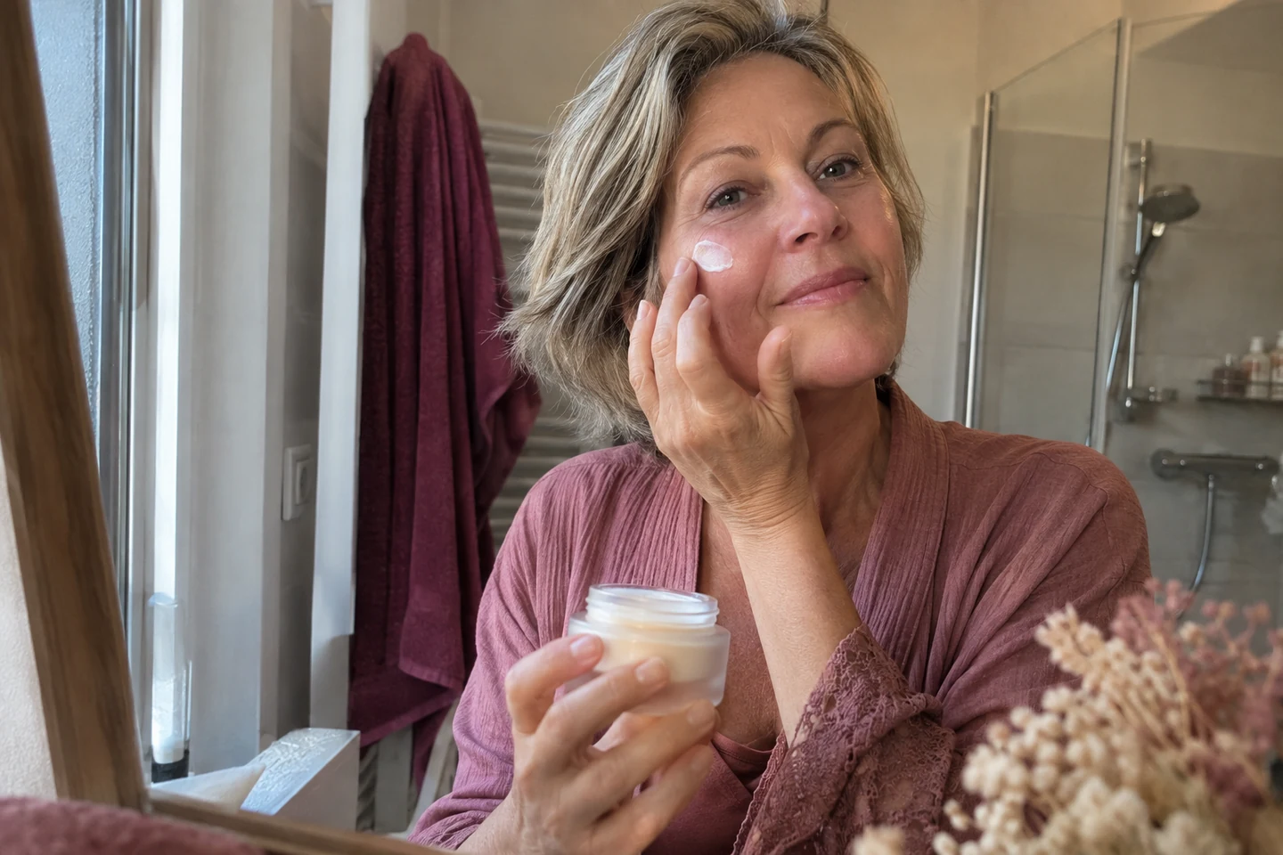 Application d’un soin hydratant sur le visage en lumière naturelle