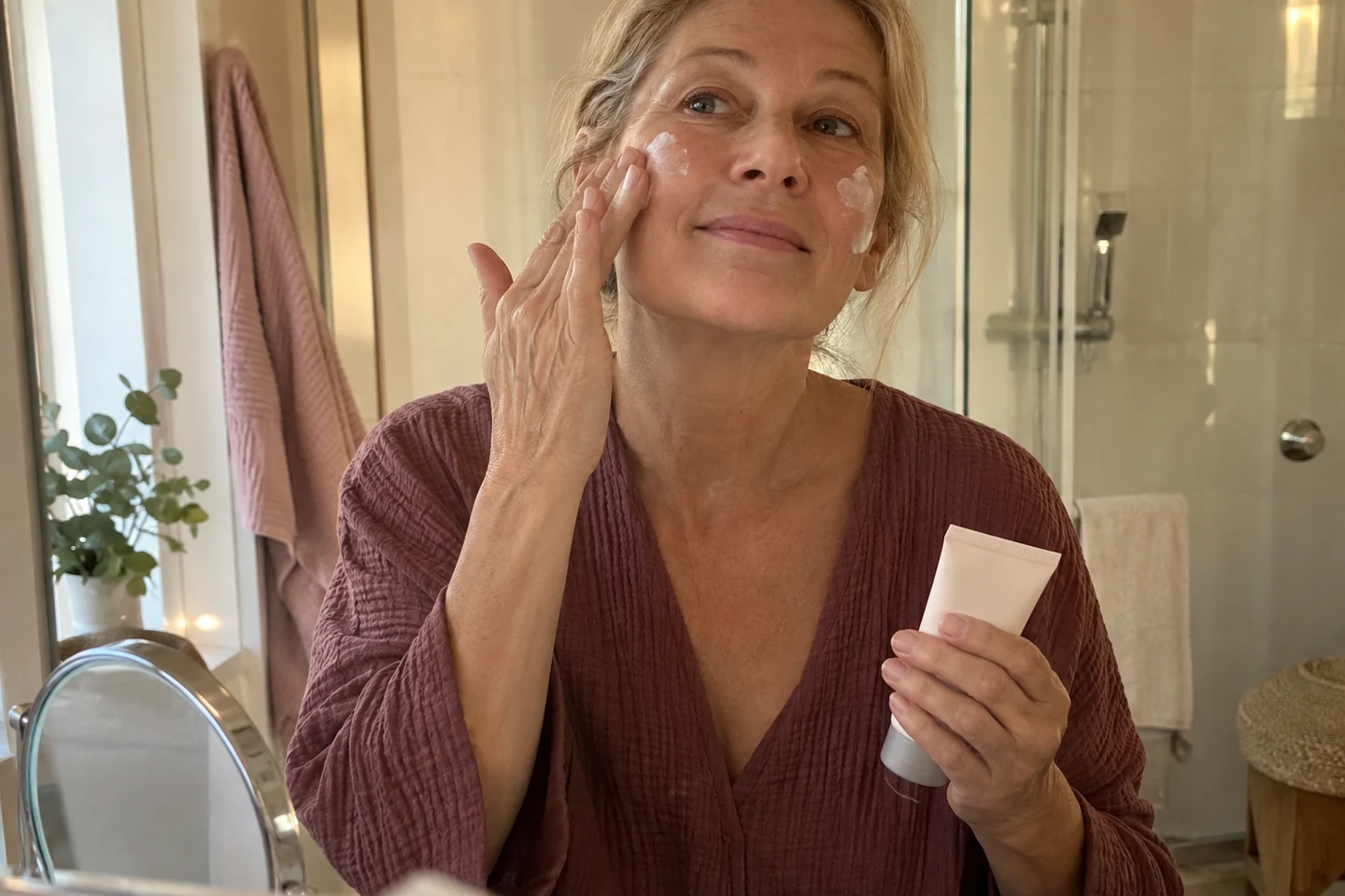 Application d'une protection solaire sur le visage le matin