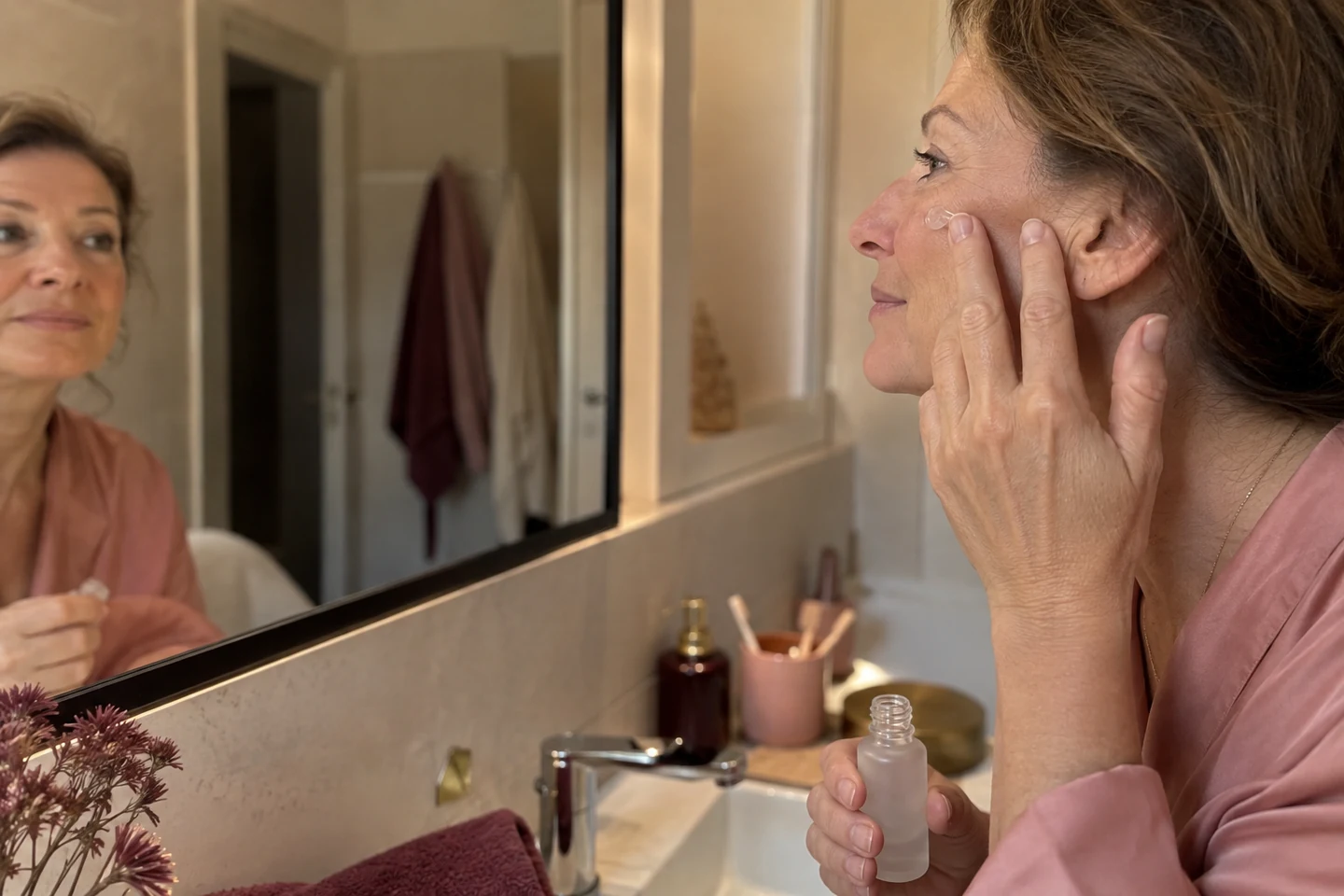 Femme mature appliquant son sérum devant le miroir le matin