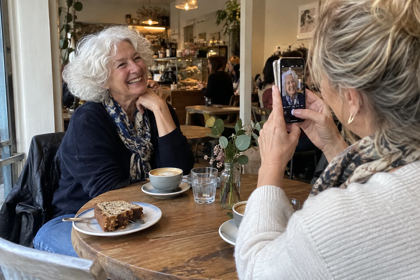 Deux amies prenant une photographie au téléphone dans un café