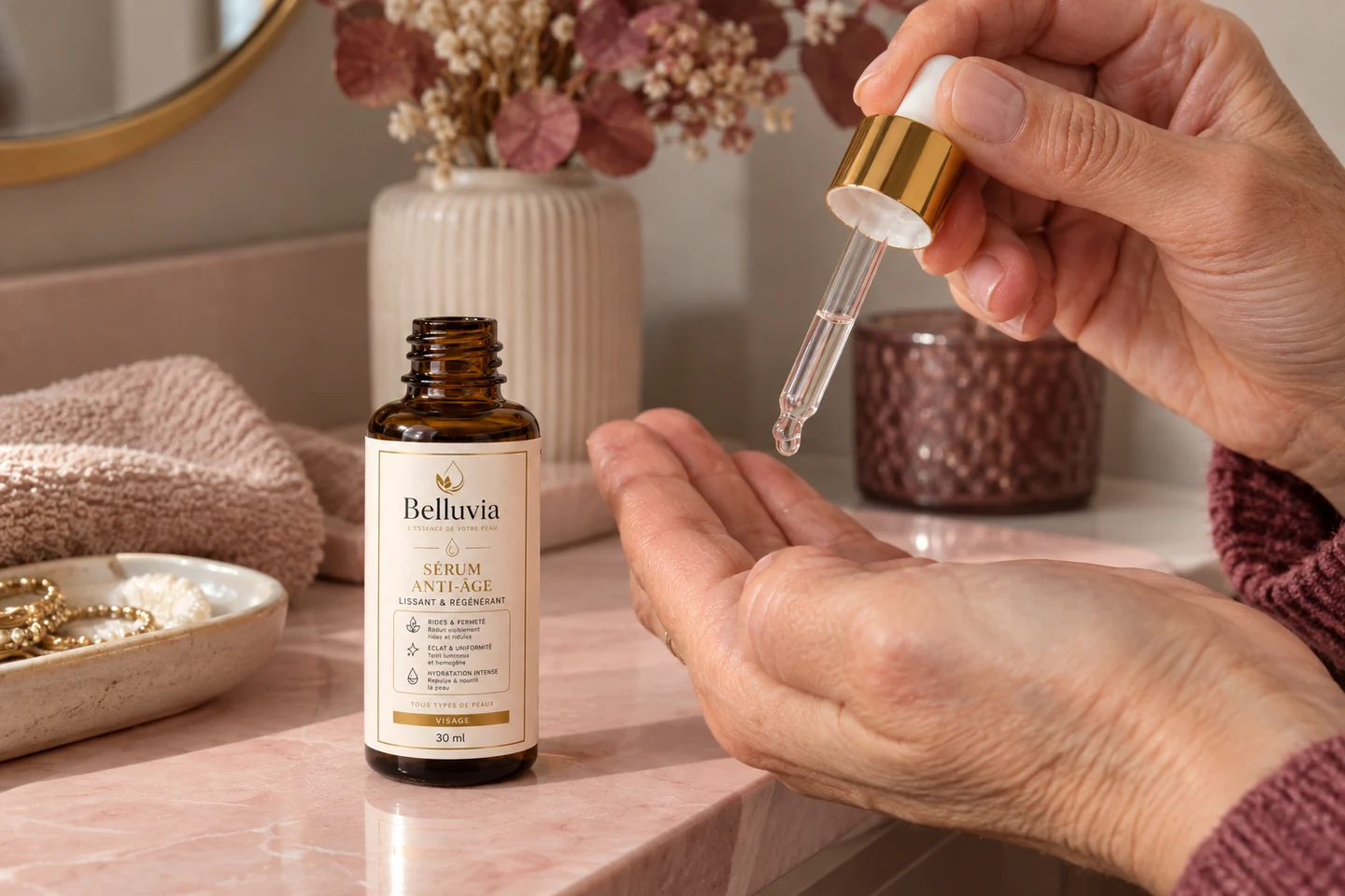 Sérum anti-âge Belluvia et sa pipette au-dessus de la main
