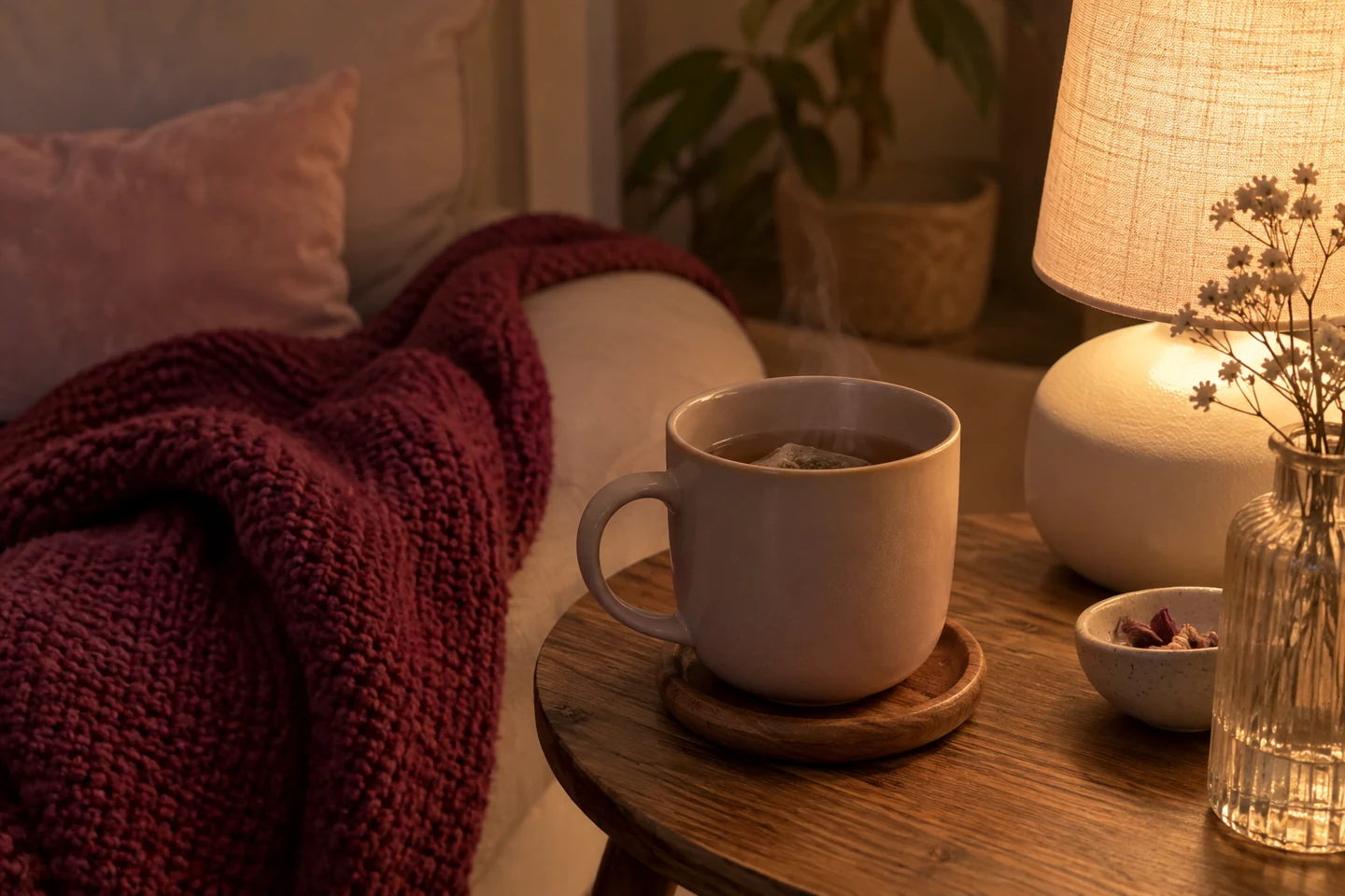 Soirée apaisée avec tisane et lumière douce pour mieux dormir