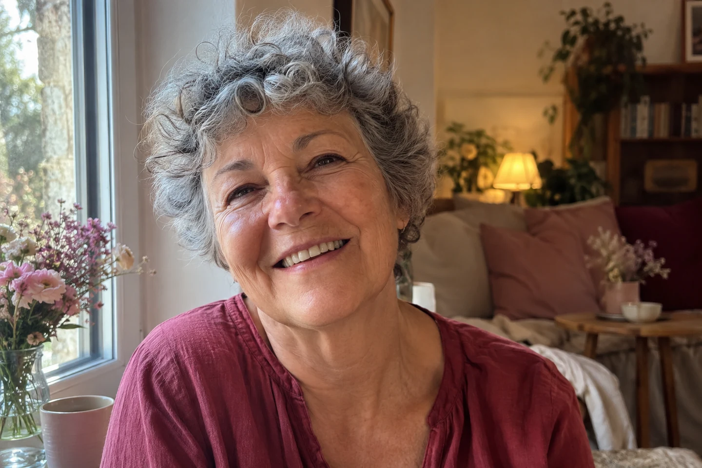 Femme de 60 ans souriante assumant son visage naturel